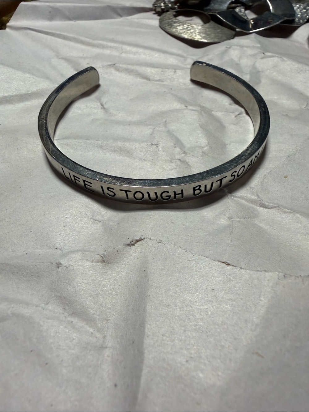 Stamped Inspirational Silver Cuff Bracelet - "Life Is Tough"